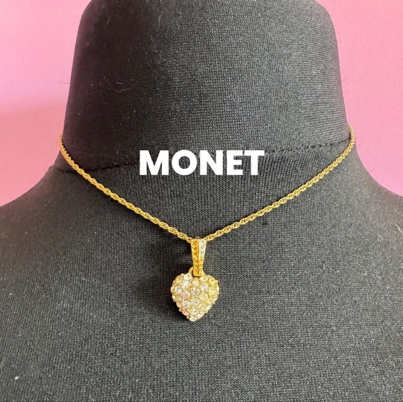 Monet Jewelry - FLASH SALE! Vintage Monet Rhinestone Heart Necklace Goldtone